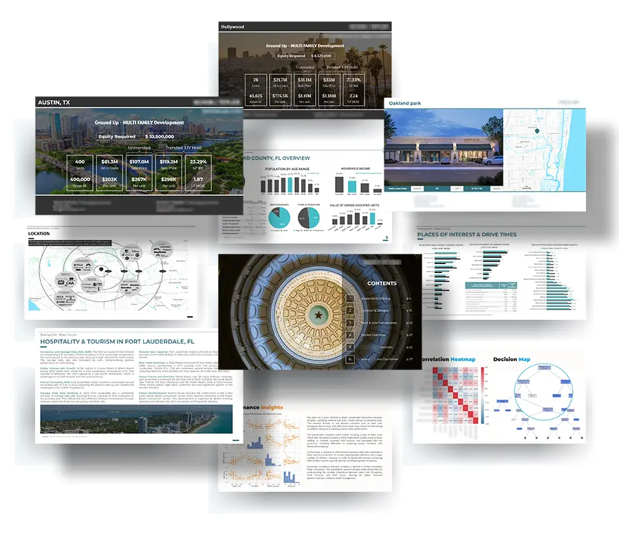 Collage showcasing marketing decks and investment memoranda samples